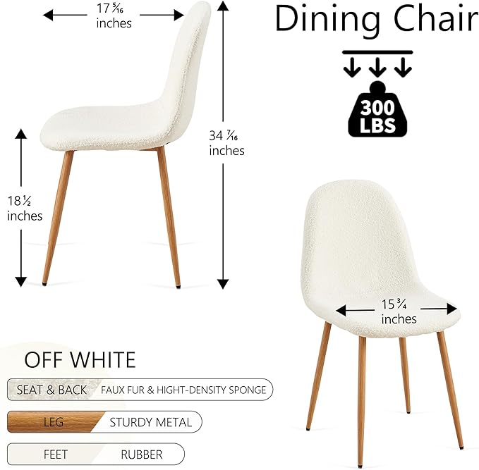 NORDICANA Set of 4 Dining Kitchen Mid-Century Modern Chairs with Metal Legs and Faux Fur Cushion for Living Room Kitchen Small Space, White