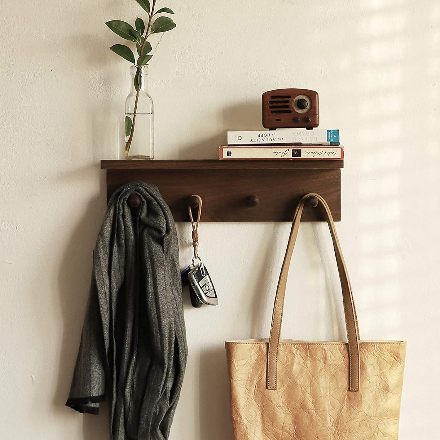 Entrance Coat Rack ，Coat Hooks, Wall-Mounted Wooden Hook Rack, Wall-Mounted Shelves are Very Suitable (Walnut Colored Finish-2)