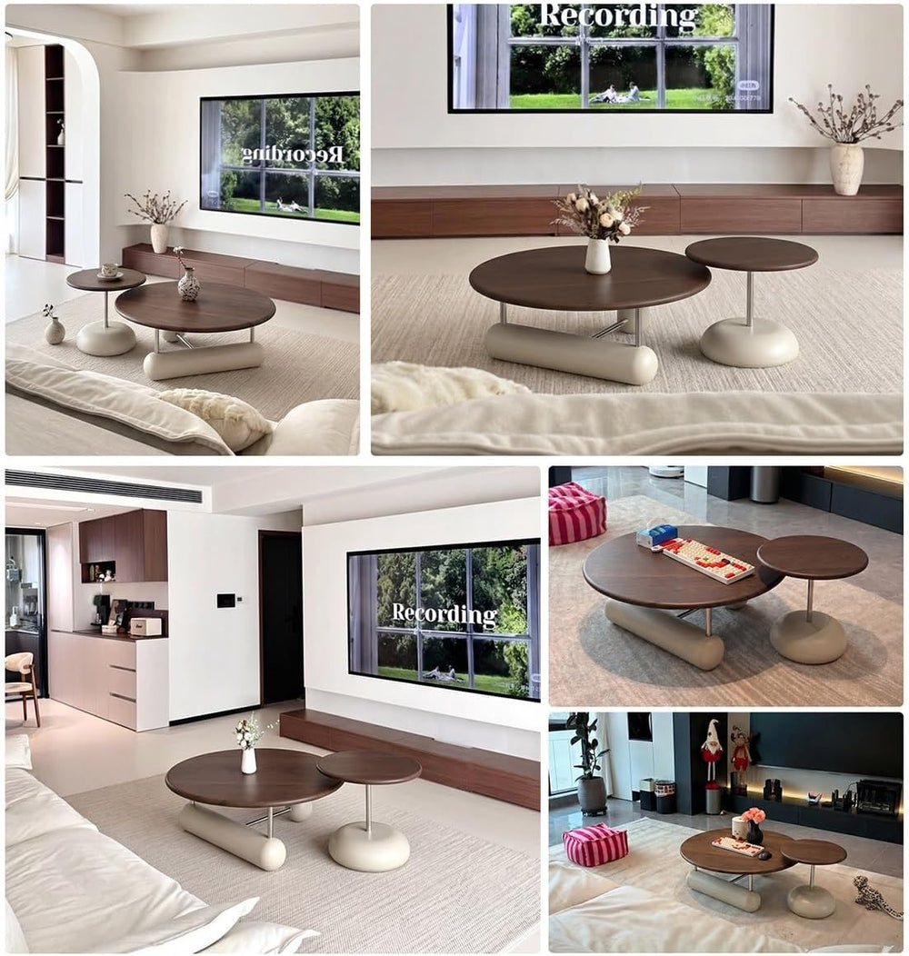 Walnut Veneer Nesting Round Coffee Table Set with Metal Base Center Table | M...