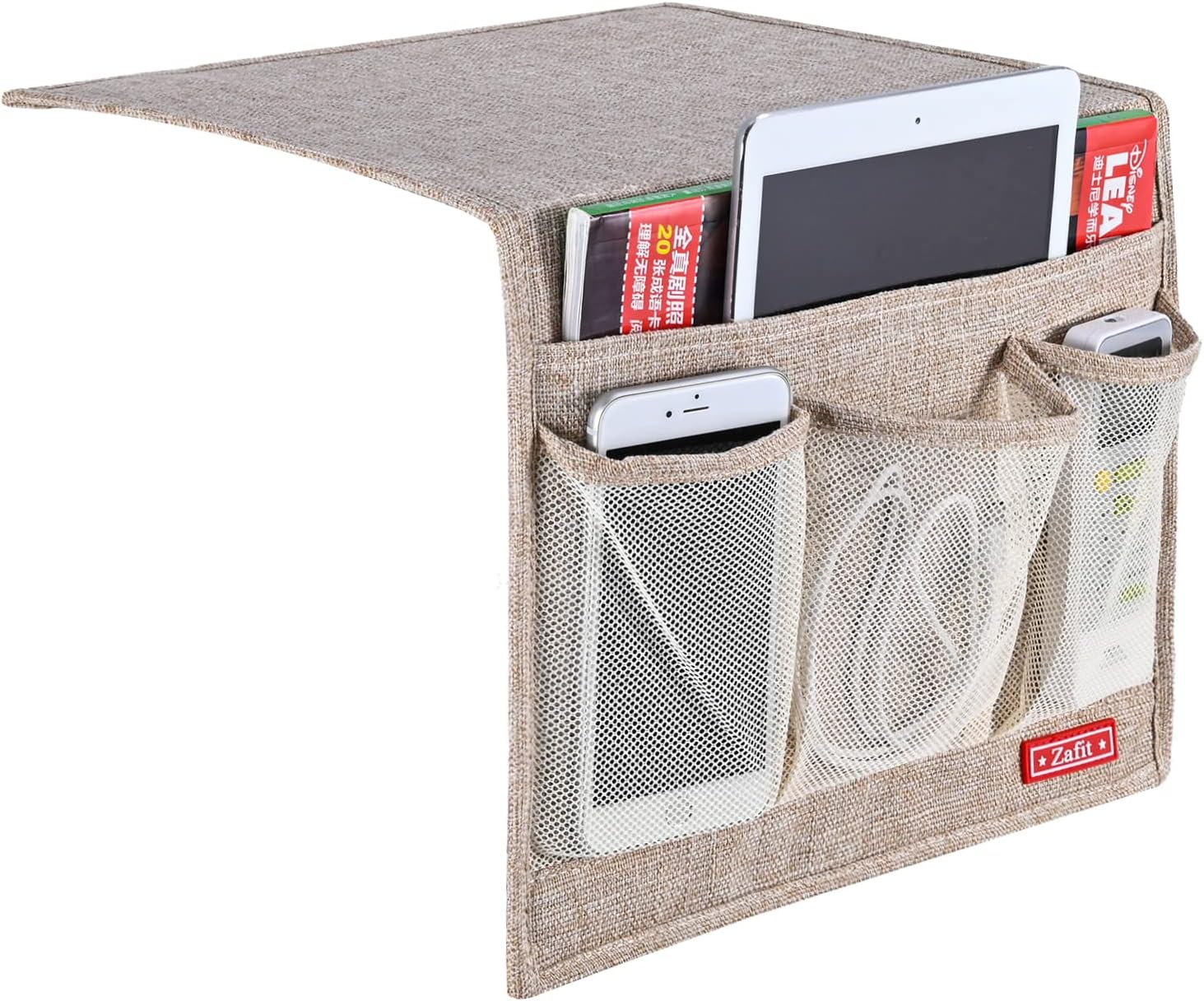 Linen 4 Pockets Bedside Caddy, Bedside Storage Organizer for Magazine, Remotes, Phone (Beige, Classic 4 Pockets)