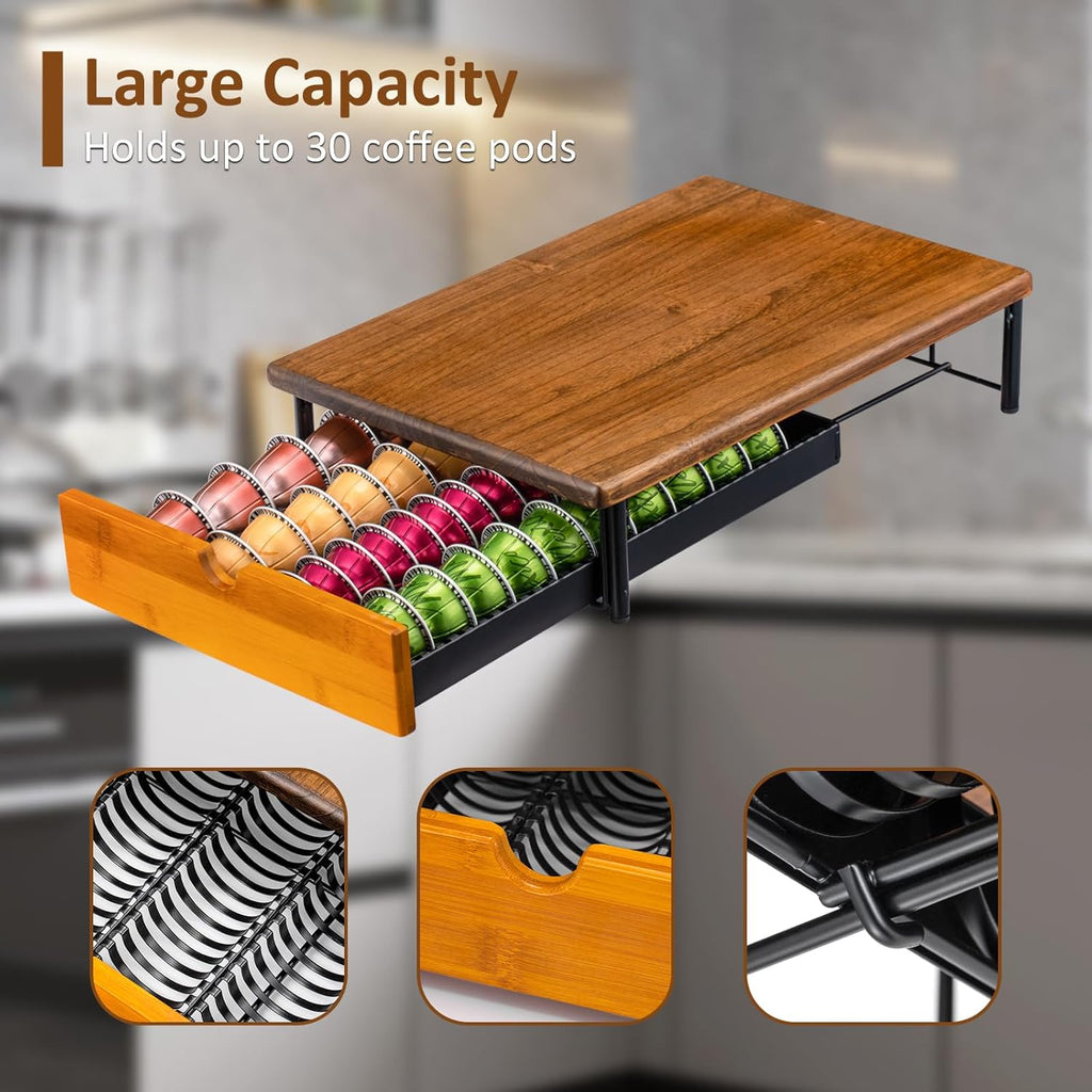 Vertuo Capsule Holder Drawer for Nespresso With Elegant Wood Top (40 Pods)