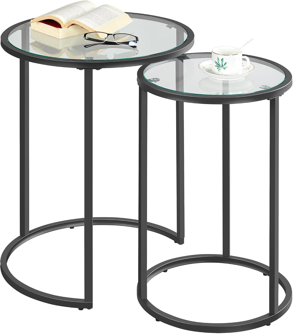 Yaheetech Round Nesting Side Tables Set of 2 with Tempered Glass Top, Black |...