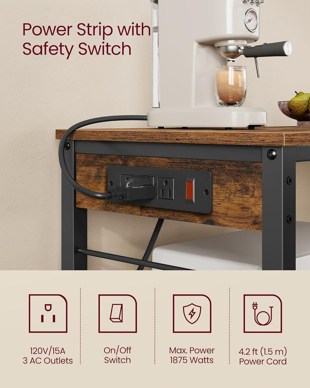 VASAGLE Kitchen Island with Power Strip, Microwave Oven Stand, Kitchen Shelf,...