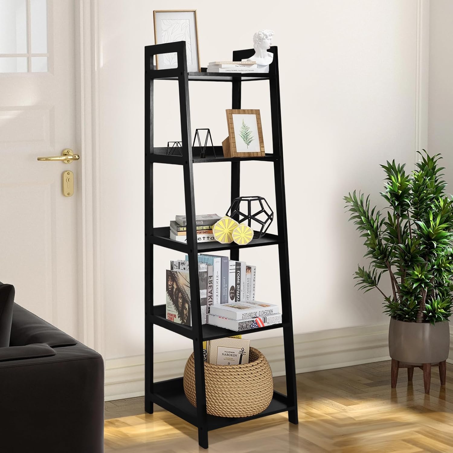 Acehome 5 Tier Ladder Shelf, Large Capacity Bookshelf with Steel Frame and Wooden Surface, for Living Room, Bedroom, Kitchen, Black