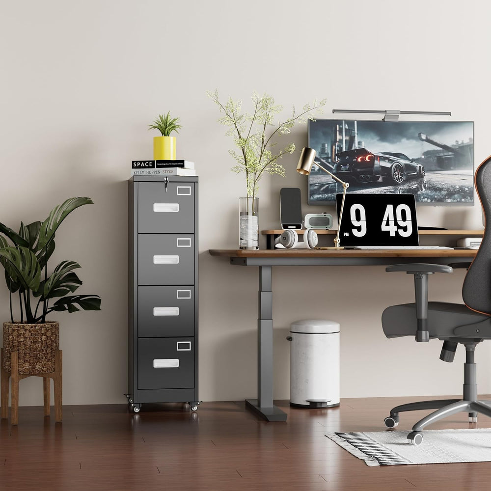Reemoon Metal 4 Drawer File Cabinet with Lock and Wheels, Black | 17.72"...