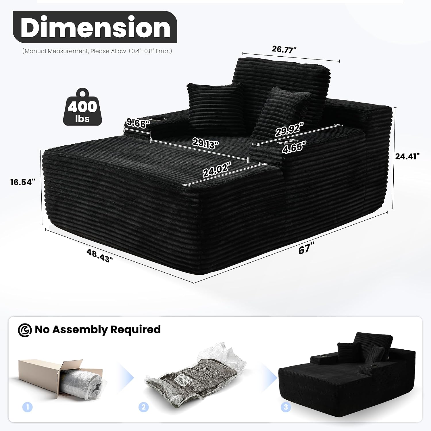 ovios 67'' Chaise Lounge Chair Indoor, Oversized Upholstered Boneless Sofa Bed with Cup Holders, Deep Seat Sleeper Couch, Plush Cloud Sofas Couches for Living Room (Faux Fur, Black)