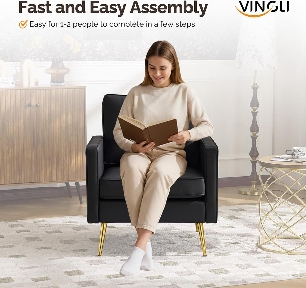 VINGLI Faux Leather Accent Chairs Set of 2 with Gold Legs for Living Room | B...