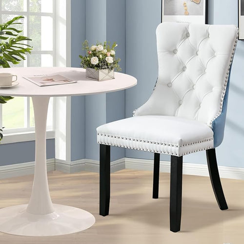 3-Pieces 31.5" Round Dining Table Set for 2, White Dining Table & PU & Velvet Upholstered Dining Chairs Set of 2 for Kitchen Dining Room Apartment Small Space(Blue & White Chairs)