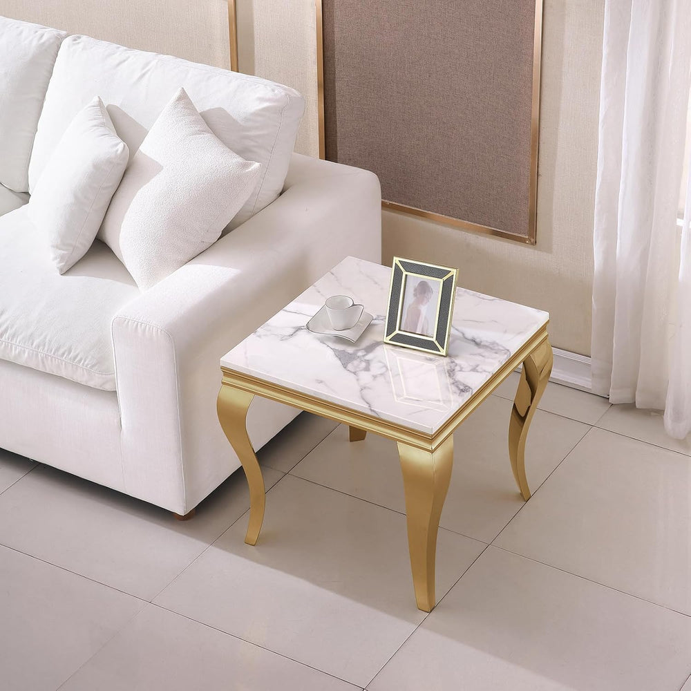 Marble End Table, Modern White Faux Marble Sofa Side Table with Gold Stainles...