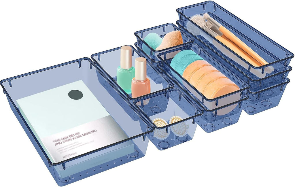10 PCS Drawer Organizer Set, 5 Varied Size Bathroom and kitchen Drawer cabinet organizer Trays, Clear Storage Bins for Makeup, Jewelry, Utensils and Gadgets, Dark Blue
