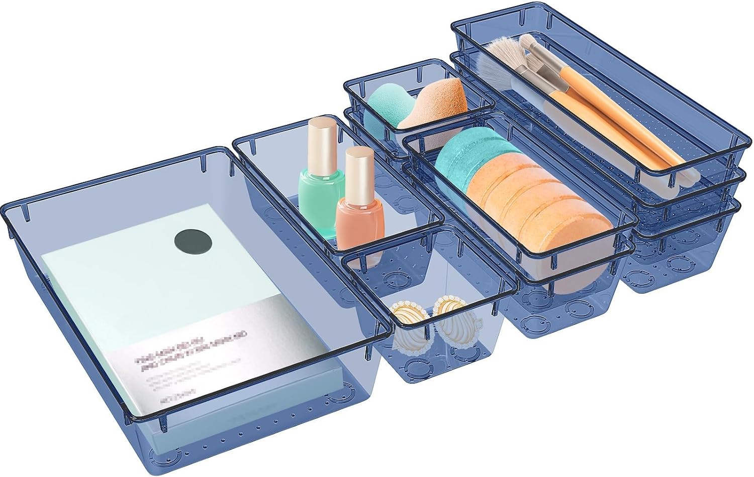 10 PCS Drawer Organizer Set, 5 Varied Size Bathroom and kitchen Drawer cabinet organizer Trays, Clear Storage Bins for Makeup, Jewelry, Utensils and Gadgets, Dark Blue