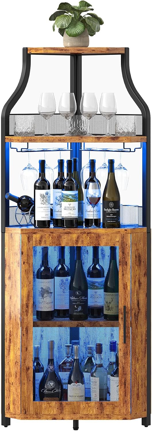 GarveeHome Corner Bar Wine Cabinet with LED Lights, 5-Tier Industrial Wine Cabinet with Glass Holder, Modern Liquor Cabinet with Adjustable Shelf, Home Bar Cabinet with Mesh Door, Rustic Brown
