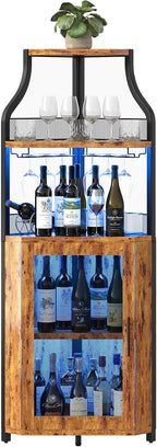 GarveeHome Corner Bar Wine Cabinet with LED Lights, 5-Tier Industrial Wine Cabinet with Glass Holder, Modern Liquor Cabinet with Adjustable Shelf, Home Bar Cabinet with Mesh Door, Rustic Brown