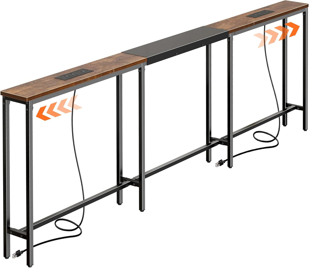 Huuger Narrow Sofa Table with 2 Power Outlets, 86.6-110.2 Inch Adjustable Len...
