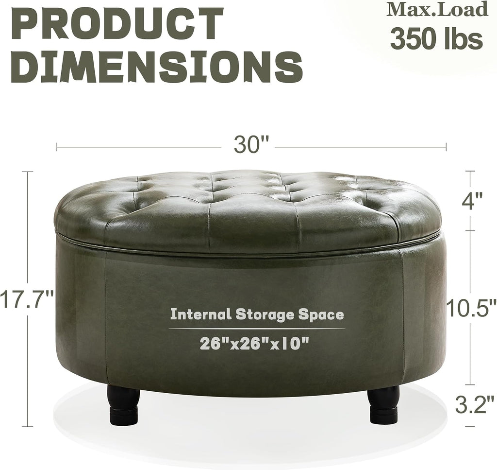 30-Inch Round Storage Ottoman, Leather Ottoman (Green) | Button Tufted Ottoman with Storage, Ottoman Coffee Table with Removable Top for Living Room, Bedroom, Office