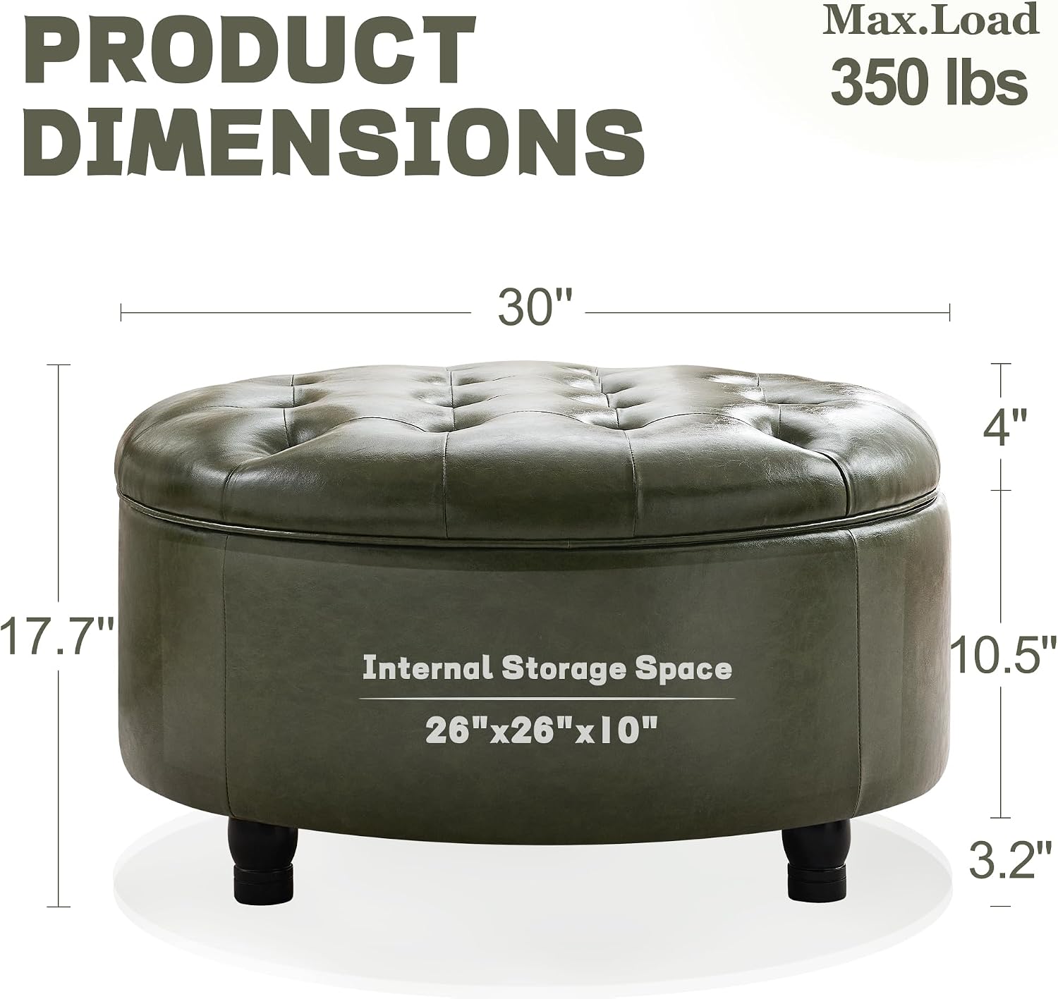 30-Inch Round Storage Ottoman, Leather Ottoman (Green) | Button Tufted Ottoman with Storage, Ottoman Coffee Table with Removable Top for Living Room, Bedroom, Office