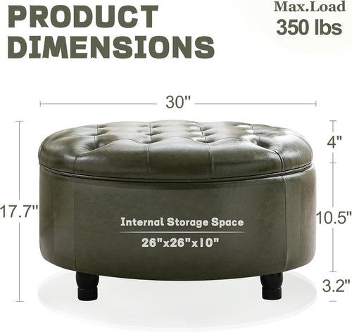 30-Inch Round Storage Ottoman, Leather Ottoman (Green) | Button Tufted Ottoman with Storage, Ottoman Coffee Table with Removable Top for Living Room, Bedroom, Office