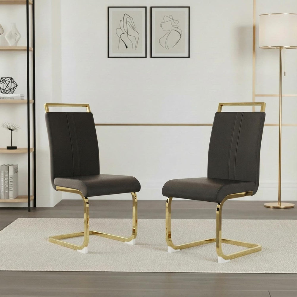 Set of 2 Modern Dining Chairs - Black PU Faux Leather Upholstered Armless Sid...