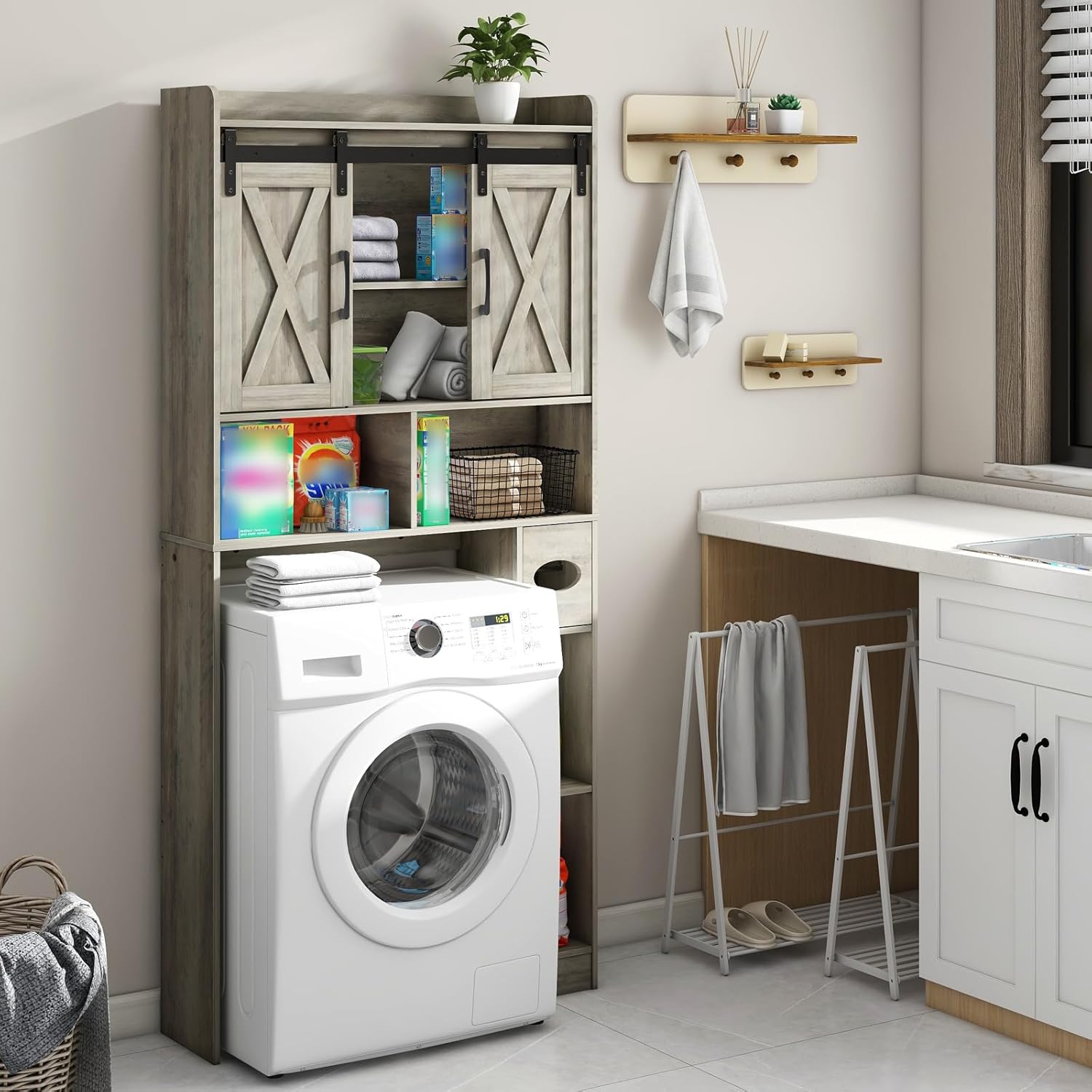 Vabches Over The Toilet Storage Cabinet, Farmhouse Storage Cabinet Over Toilet with Sliding Door& Toilet Paper Holder Stand，Home Space-Saving Toilet Rack, for Bathroom, Restroom, Laundry