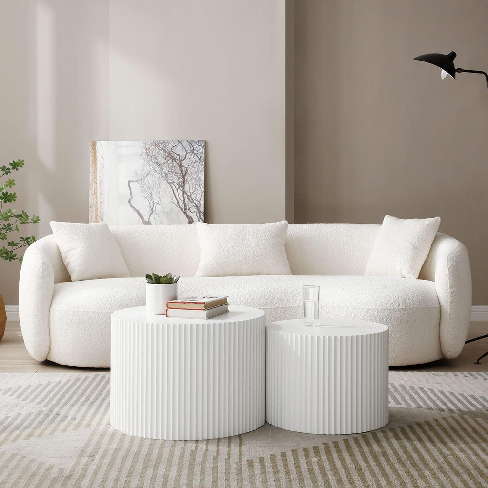 42.52'' White Round Nesting Coffee Table Set of 2 Modern Drum Side En...
