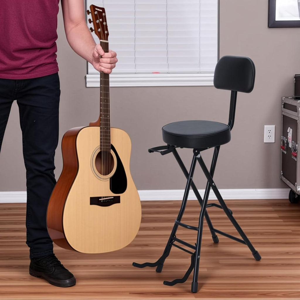 Folding Guitar Stool Chair with Padded Seat, Ergonomic Backrest & Built-in Stand - Heavy Duty Portable Seat for Acoustic, Electric, Bass Guitar Practice & Performance Black