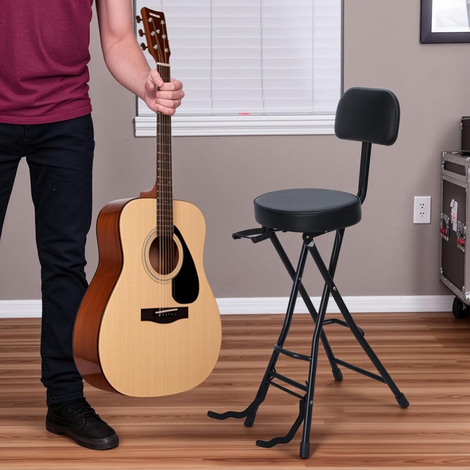 Folding Guitar Stool Chair with Padded Seat, Ergonomic Backrest & Built-in Stand - Heavy Duty Portable Seat for Acoustic, Electric, Bass Guitar Practice & Performance Black