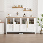 GarveeHome Sideboard Buffet Cabinet with 4 Glass Doors, 55" Buffet Table Coffee Bar Wine Bar Display Cabinet for Kitchen Dining Room, Living Room (White, Glass with 4 Doors)