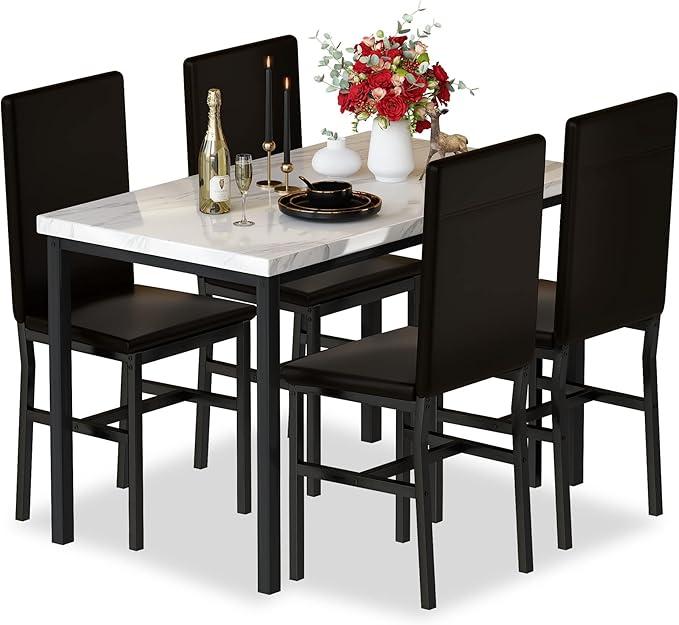 Hooseng Dining Table Set for 4, Modern Faux Marble Kitchen Table with 4 PU Leather Chairs, 5 Piece Dining Room Sets for Dinette, Breakfast Nook, Black