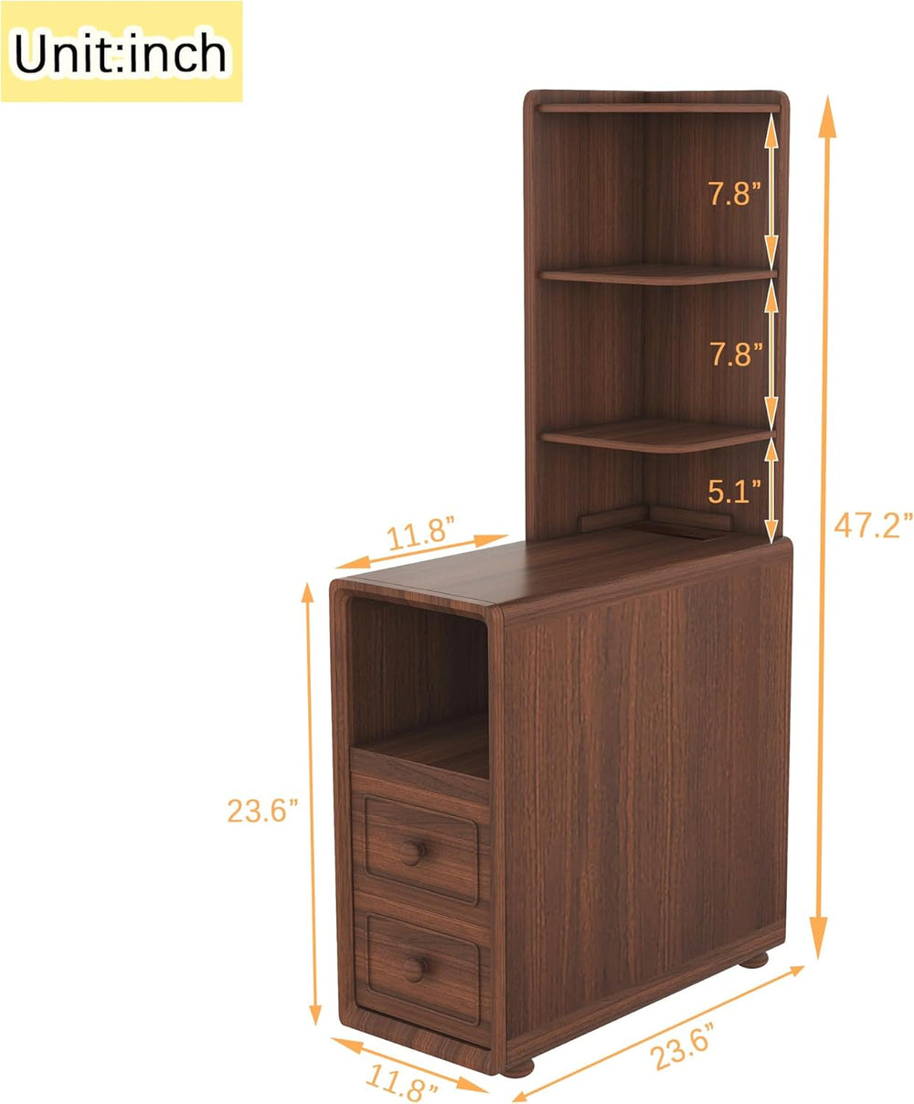 Walnut Corner Tables with Drawers & Open Shelves, Tall & Bedside Nigh...