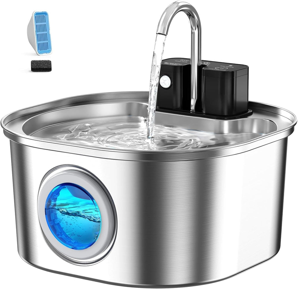 Voluas Stainless Steel Cat Water Fountain, Wireless, 108oz/3.2L, 1 Filter