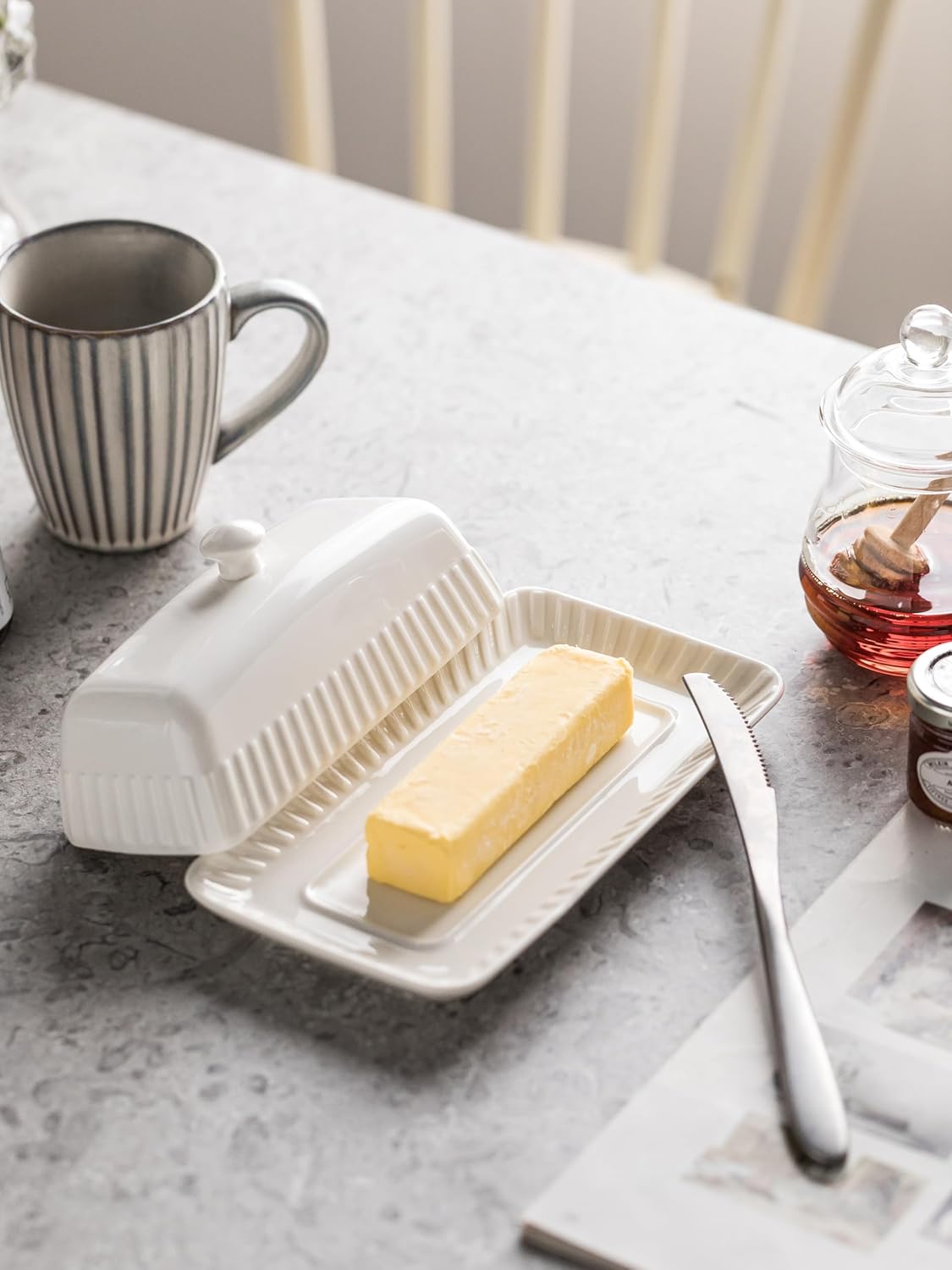 Ceramic Butter Dish with Lid, White Butter Holder Container with Porcelain Cover Knob Handle, Butter Dishes for Countertop Refrigerator, Perfect for East West Coast Butter Storage, Striped