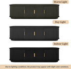 Farmhouse Wooden TV Stand with Sliding Tambour Door for TVs up to 75", Fluted Media Console with Adjustable Storage, Golden Handle TV Cabinet with Cable Holes for Living Room, Black