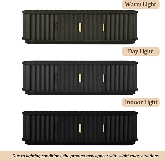 Farmhouse Wooden TV Stand with Sliding Tambour Door for TVs up to 75", Fluted Media Console with Adjustable Storage, Golden Handle TV Cabinet with Cable Holes for Living Room, Black