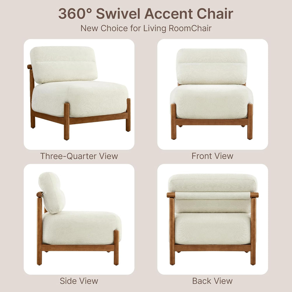 Mid Century Modern Accent Chair, Upholstered Armless Lounge Chair with Wooden...