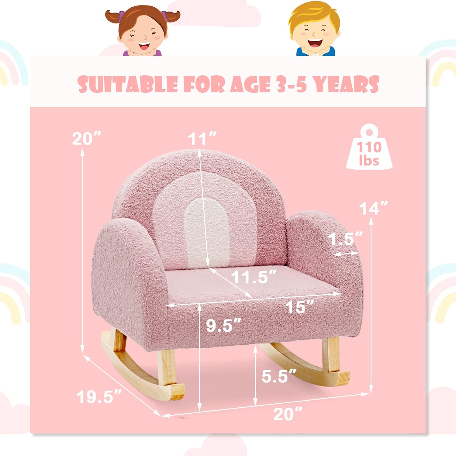 INFANS Kids Sofa, Toddler Rocking Chair with Solid Wooden Frame, Anti-Tipping Design, Plush Fabric, Children Armchair for Nursery Kindergarten Playroom Preschool, Gift for Boys Girls (Pink)