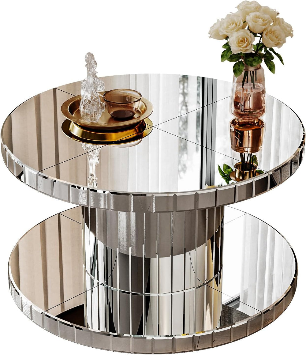 Double Tier Luxury Round Mirror Coffee End Table with Glass 31.5" Diamet...