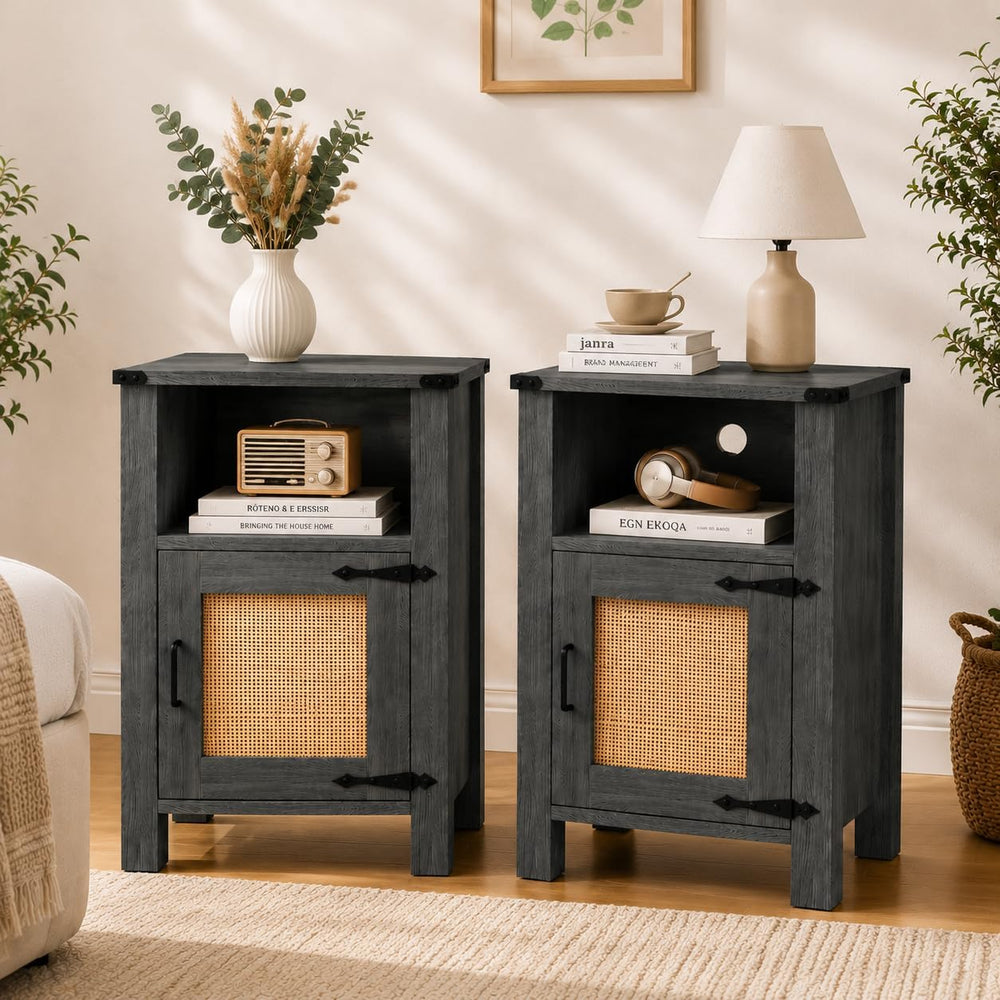Miereirl Rattan Nightstand Set of 2 with Cabinet, Boho Farmhouse, Dark Gray |...