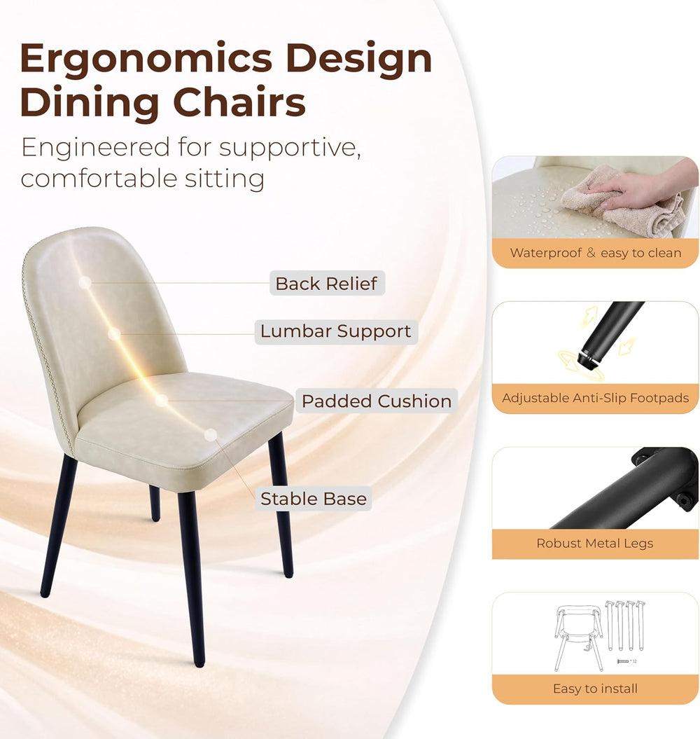 Set of 4 Mid-Century Modern Dining Chairs, Beige Faux Leather Upholstered Kit...