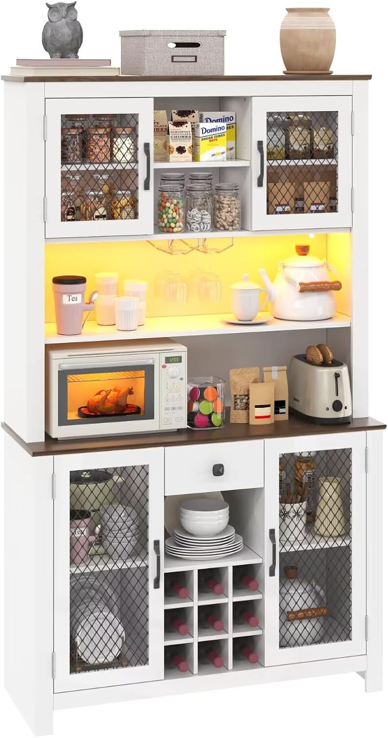 DRIXNO 70.9" White Kitchen Pantry Cabinet with RGB LED Lights & Char...