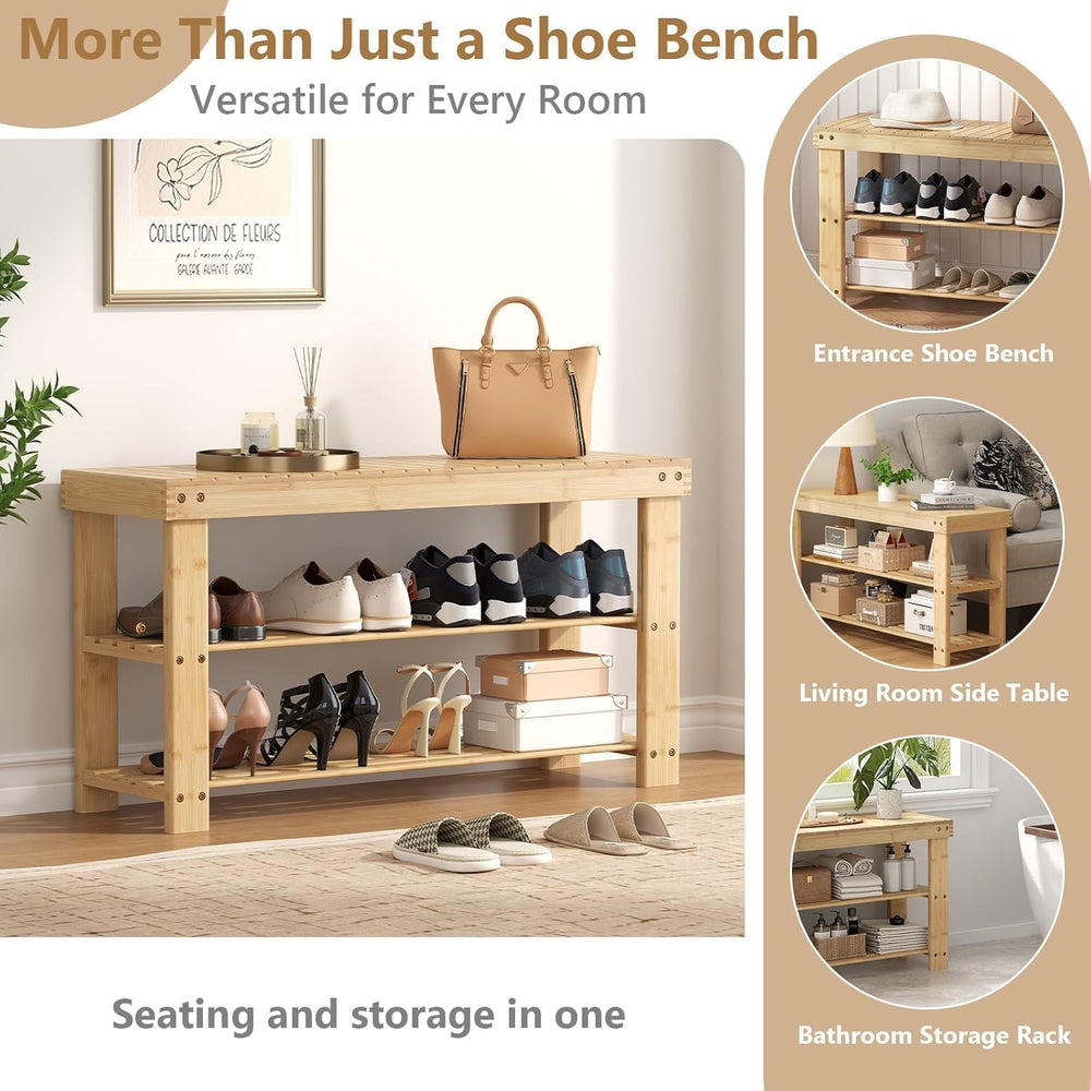 Simple Deluxe Shoe Rack Bench, 3-Tier Bamboo Storage Organizer, 286lb Capacit...