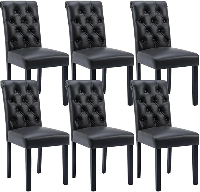 Modern Dining Chairs Set of 6, Farmhouse PU Leather Kitchen Chairs, Upholstered Accent Chair Parsons Chair for Home/Living Room/Bedroom/Resturant, Black