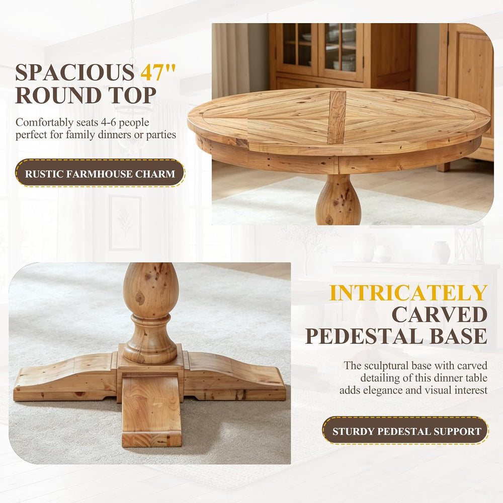 47" Round Dining Table with Wooden Pedestal Base, Reclaimed Pine Wood Di...