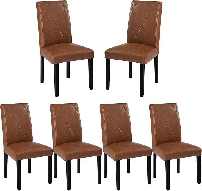 VECELO Upholstered Dining Chairs Set of 6, Modern PU Leather and Solid Wood Legs & High Back for Kitchen/Living Room- Brown