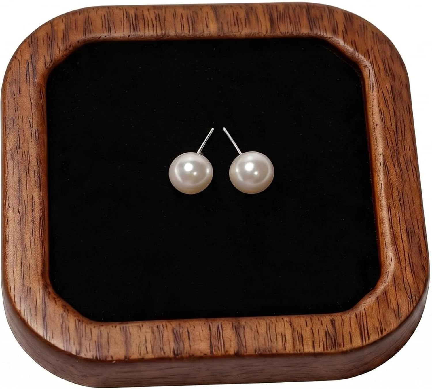 Wooden Jewelry Tray, Ring Holder Trinket Dish, Walnut Wood with Black Velvet Lining, 3.7 x 3.7 Inch, Square