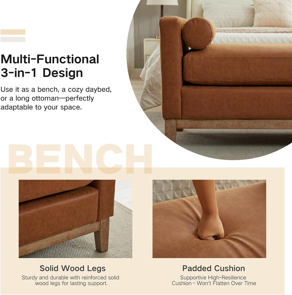 End of Bed Bench for Bedroom, 66.34'' Long King Size Vegan Leather Be...