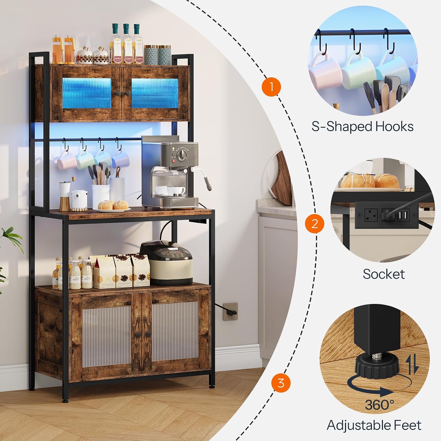 HOOBRO Bakers Rack with Storage Cabinet, 5-Tier Coffee Bar with Power Outlet and LED Lights, Industrial Microwave Oven Stand with Shelves, Kitchen Storage Shelf, Rustic Brown and Black BF13UDHB01