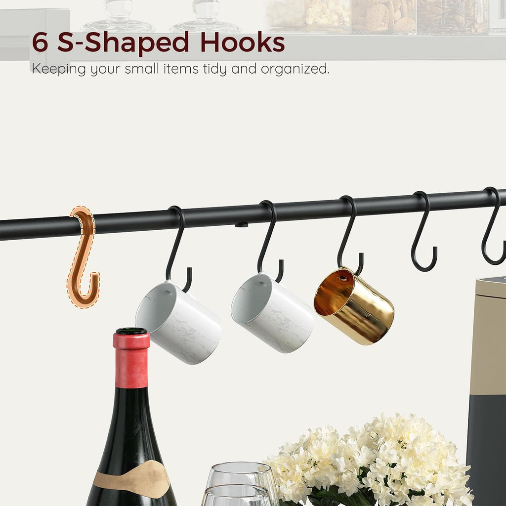 MAHANCRIS Bakers Rack with Power Outlet, Kitchen Storage Shelf with 6 Hooks, Microwave Stand with Storage, 4-Tier Coffee Bar Station, for Kitchen, Dining Room, Rustic Brown and Black BRHR351E01