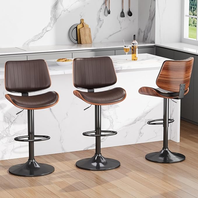 Swivel Bar Stools Set of 4, Adjustable Bentwood Barstools for Kitchen Counter, Modern PU Leather Upholstered Bar Chair with Back and Footrest, for Kitchen Island, Bar, Dining Room, Brown