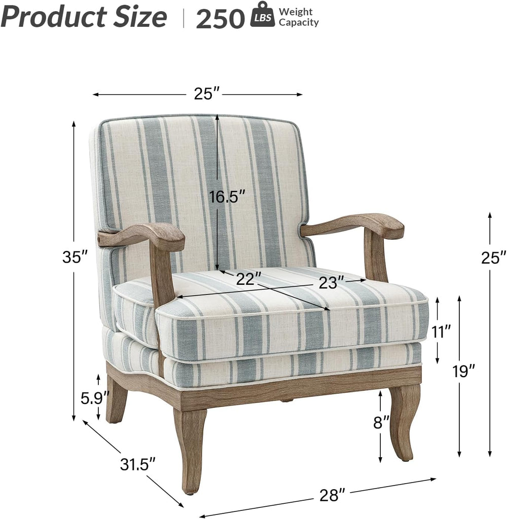 HULALA HOME Farmhouse Striped Accent Chair with Solid Wood Legs, Blue | Comfy...