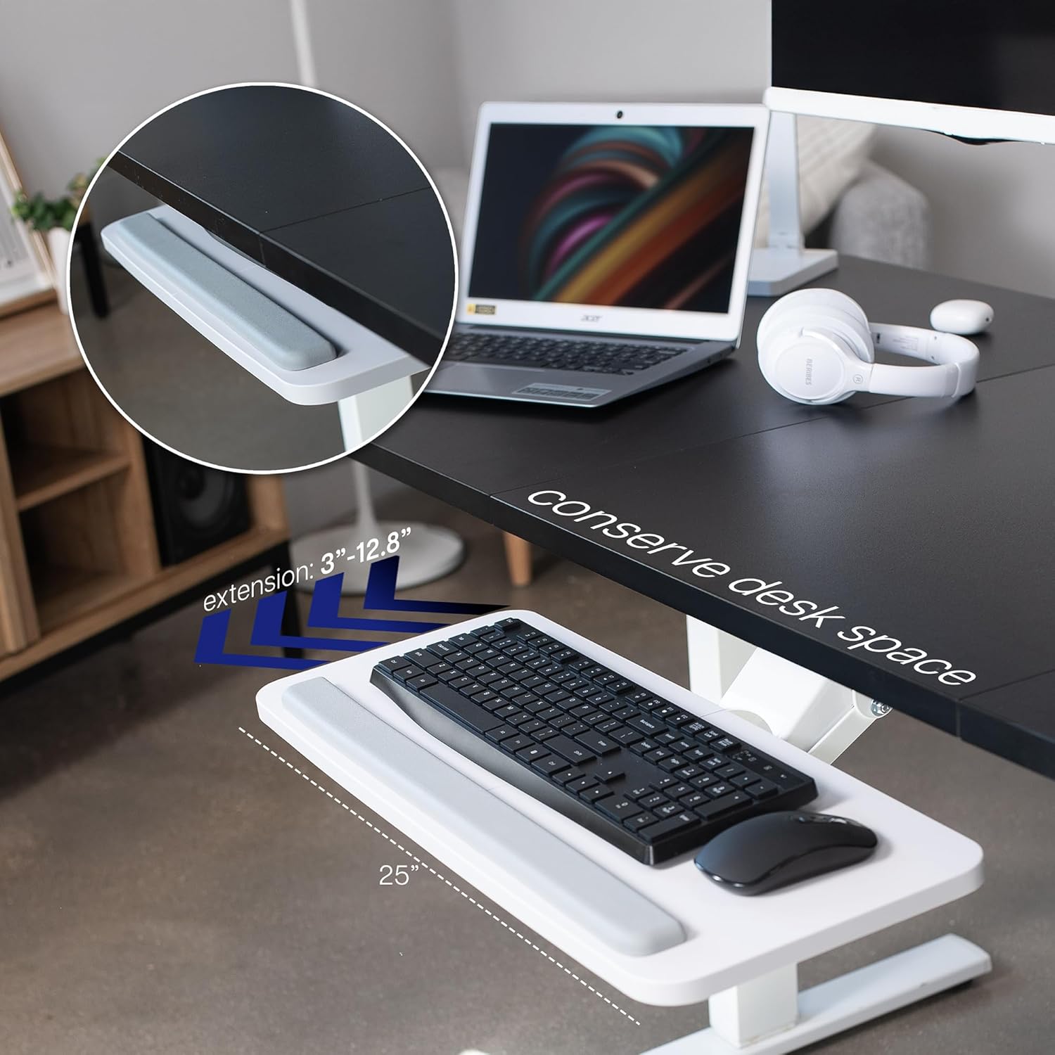 VIVO Adjustable 25 x 10 inch Computer Keyboard and Mouse Platform Tray Ergonomic Under Table Desk Mount Drawer Underdesk Shelf, White, MOUNT-KB03W